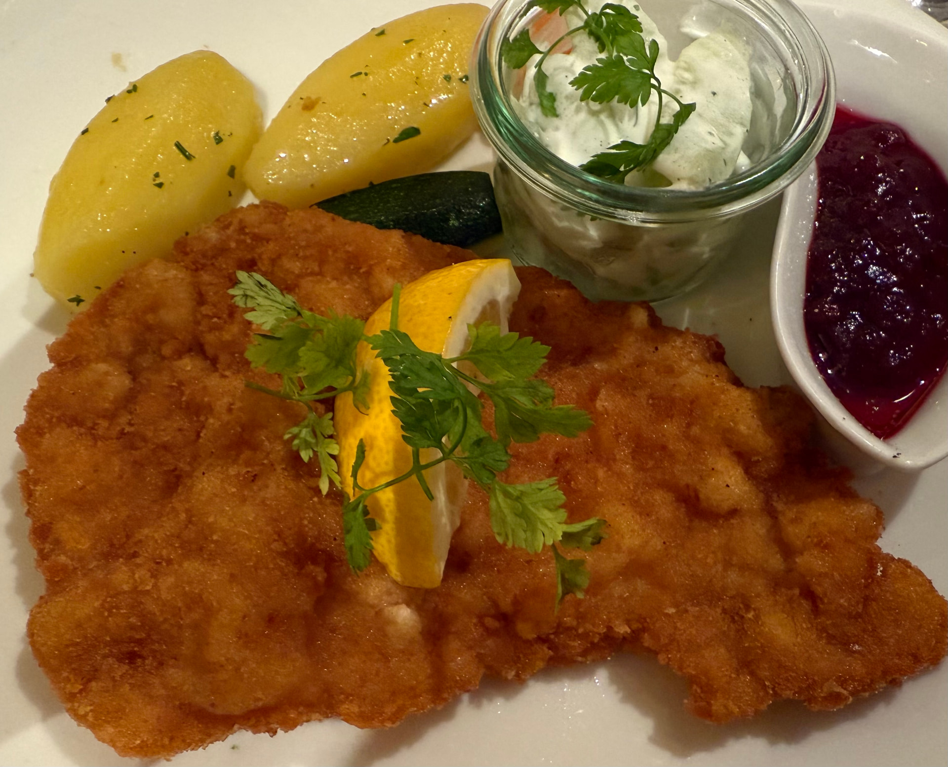Plate of traditional wienerschnitzel served aboard the AmaMagna