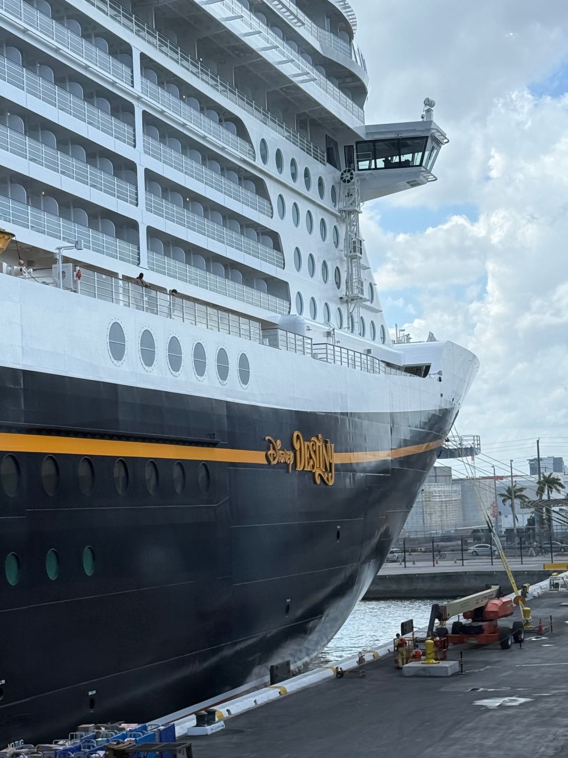 The Disney Destiny docked at port, her name in gold lettering along the black and white hull
