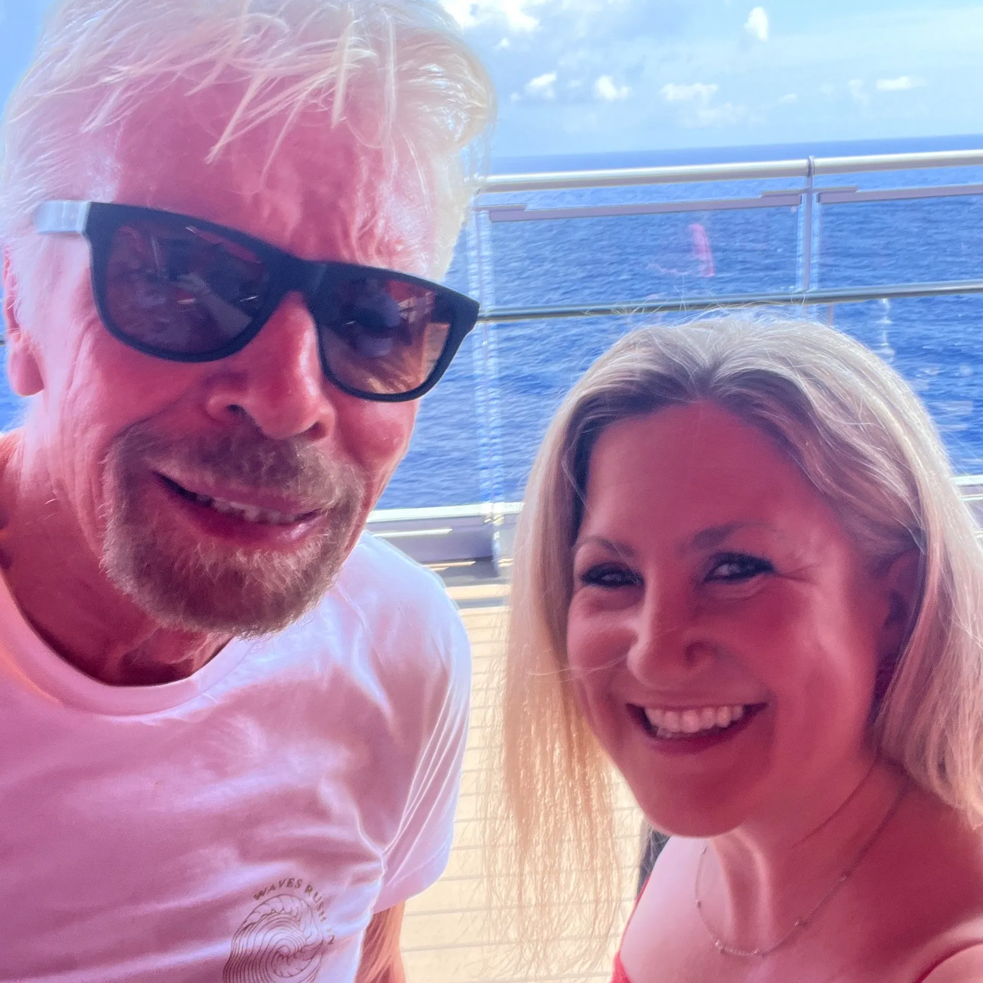 Bridget with Sir Richard Branson, founder of the Virgin Group, aboard Resilient Lady